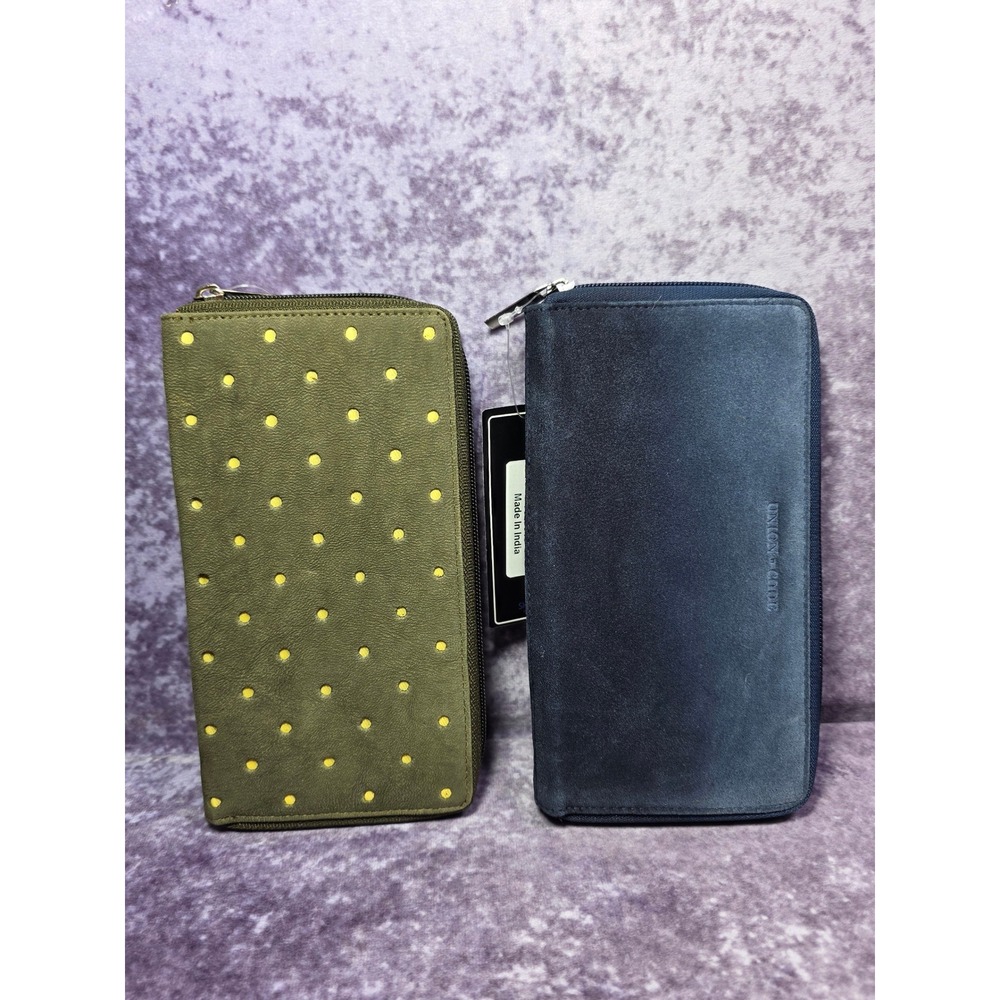 Union of Code Leather Zip Around Wallet Olive Polka Dot or Navy Blue NWT